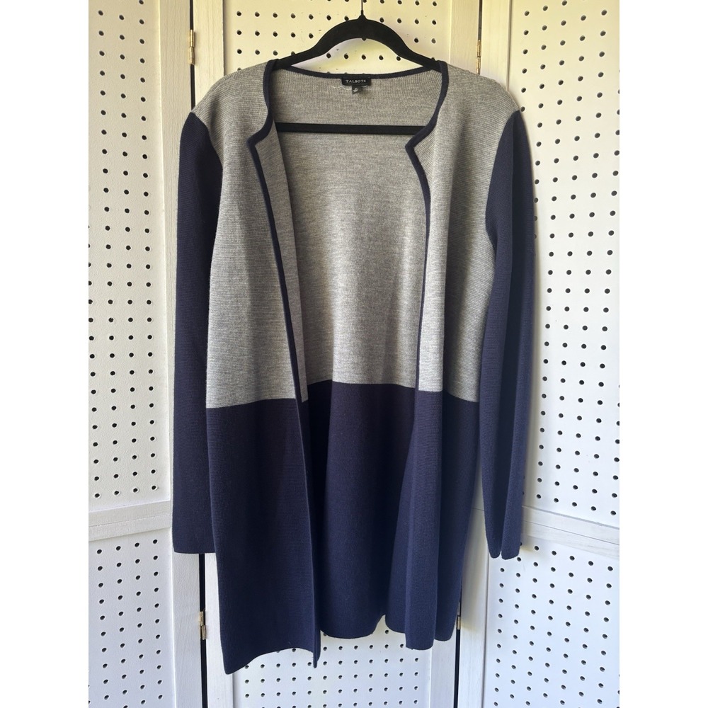 Talbots Sweater Women's M Gray Navy Blue Merino‎ Wool Nylon Open Front Cardigan